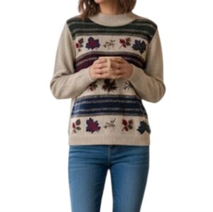 Vintage Fall Floral Leaf Embroidered Women's Sweater - Multicolor